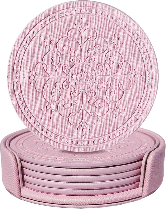 Coasters Set of 6 - PU Leather Coasters for Drinks with Holder - Pink