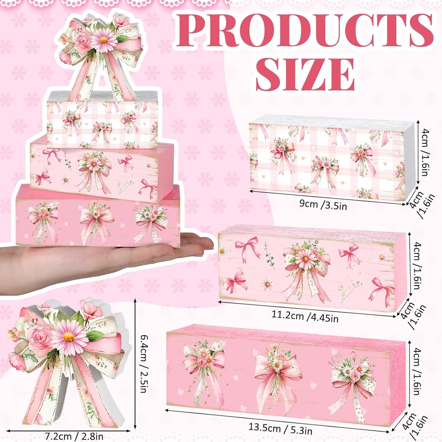 4 Pcs Pink Flower Bow Table Decorations Pink Flower Table Centerpiece Proposal Wedding Wooden Sign Tiered Tray Spring Decor Books Stack Signs Block for Wedding Home Office Decorations Shelf