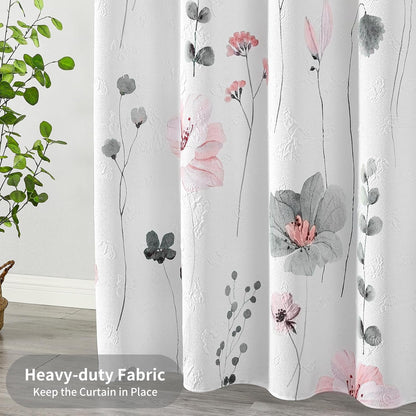 QiyI Watercolor Floral Shower Curtain, 3D Embossed Butterflies Grey Pink Flower Bathroom Curtain, Minimalist White Cloth Bath Curtain, Waterproof Fabric Textured Shower Curtain Set with Hooks, 72x72