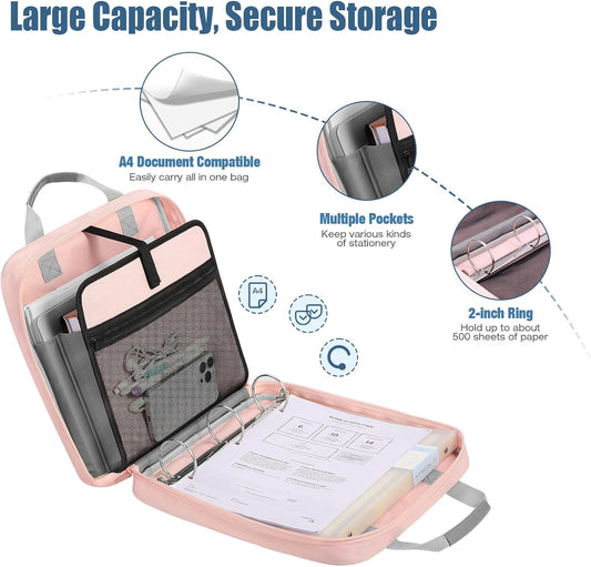 MoKo Zipper Binder, 2 Inch 3 Ring Binder with Zipper,500 Sheets Capacity Zipper Binders with Shoulder Strap & Handle,Multi-Pocket Zipper Bag Organizer for Middle School, Pink & Gray