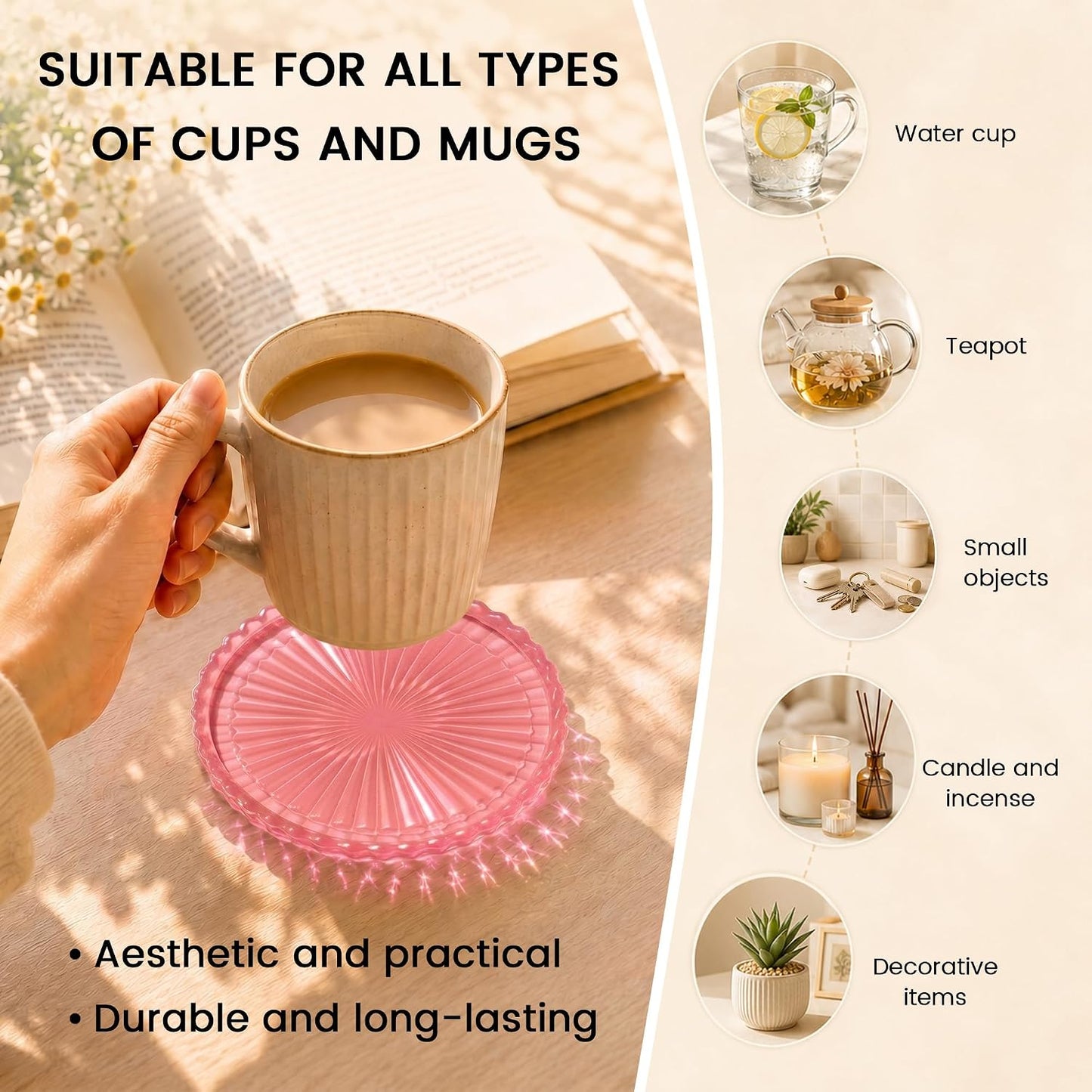 Silicone Coasters for Drinks[4 pcs,No Holder] Dual-Sided Light-Play Design, Non-Stick Cup Covers & Table Mats, Coffee Table Decor, Clear Pink