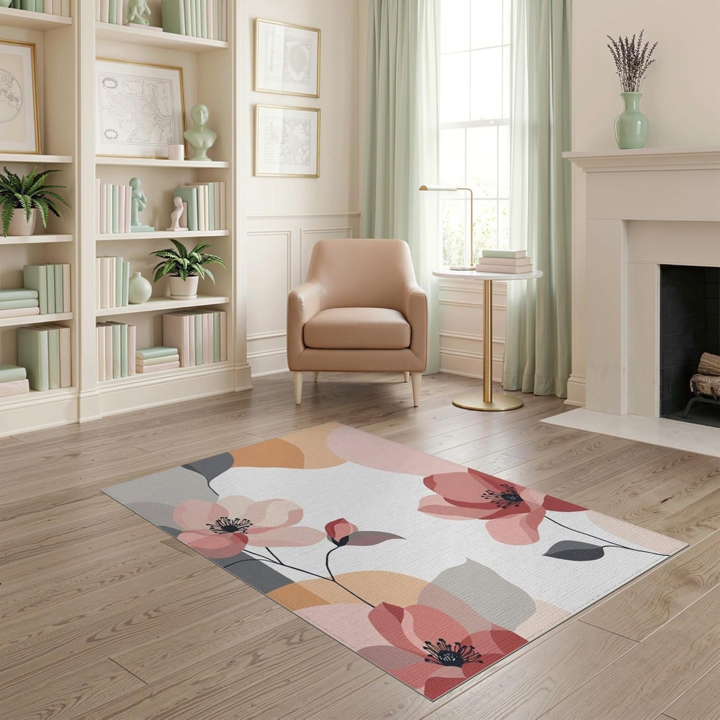 4'x6' Washable Modern Floral Accent Rug, Peach Non-Shedding Small Carpet Pet Friendly & Kids Safe Play Mat for Playroom, Bedroom, Reading Nook | Ref:2039600