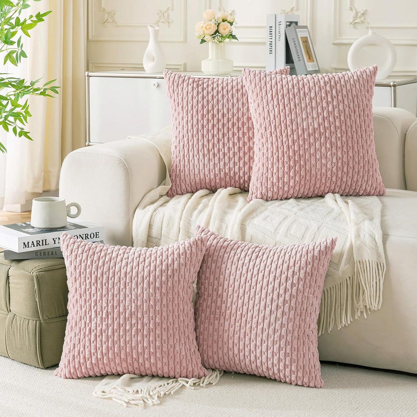 Set of 4 Light Pink Decorative Throw Pillow Covers 24x24 Inch Corduroy Pillow Covers for Bed Couch Sofa Living Room Soft Square Cushion Cases