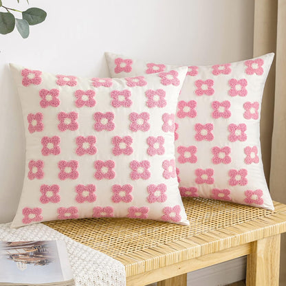 EMEMA Decorative Throw Pillow Covers Daisy Sun Flower Jacquard Pillowcase Cushion Case Square for Couch Sofa Bed Living Room Bedroom Set of 2, 18x18 Inch, Pink and White