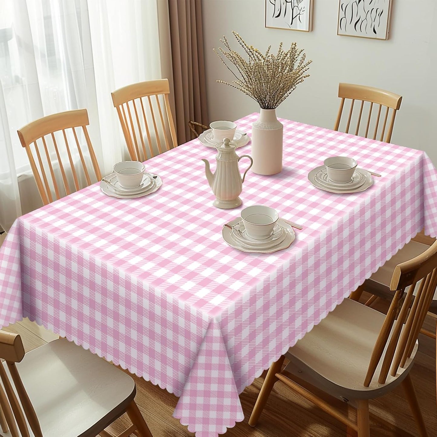 NatNarr 12 Pack Pink Gingham Tablecloths, 54 X 108Inch Scalloped Pink and White Checkered Table Cloth, Disposable Party Table Covers for Wedding Picnic Birthday Baby Bridal Shower Anniversay