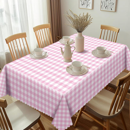 NatNarr 12 Pack Pink Gingham Tablecloths, 54 X 108Inch Scalloped Pink and White Checkered Table Cloth, Disposable Party Table Covers for Wedding Picnic Birthday Baby Bridal Shower Anniversay