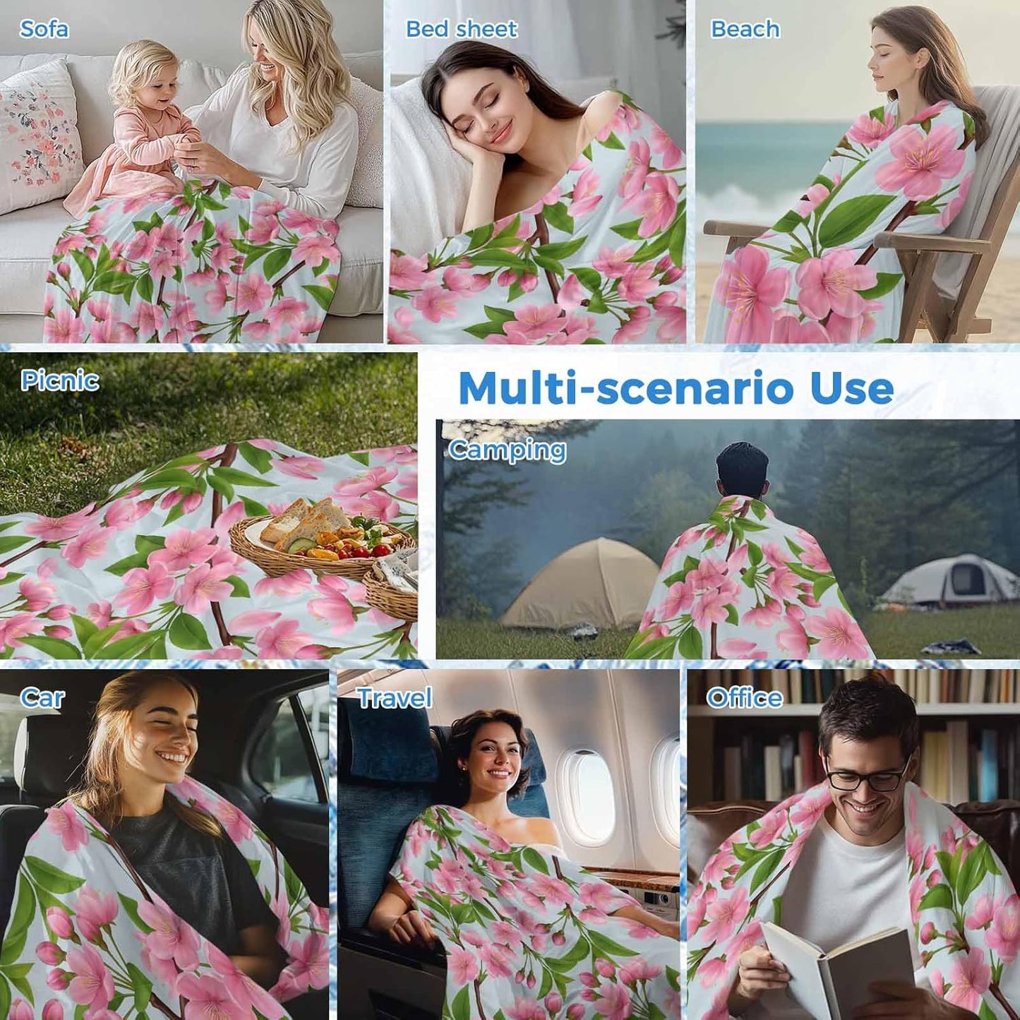 Cooling Blanket for Hot Sleepers, Pink Peach Flowers Lightweight Breathable Summer Blanket, Spring Botanical Watercolor Floral Blue Double-Side Cool Throw Blankets for Sleeping Travel, 30"x40"