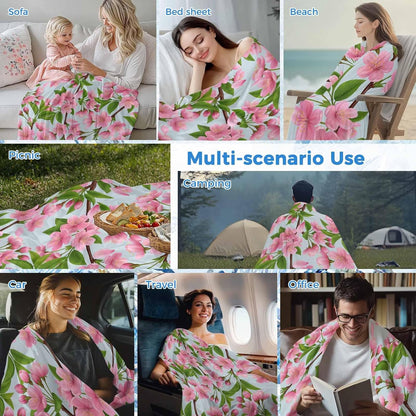 Cooling Blanket for Hot Sleepers, Pink Peach Flowers Lightweight Breathable Summer Blanket, Spring Botanical Watercolor Floral Blue Double-Side Cool Throw Blankets for Sleeping Travel, 30"x40"