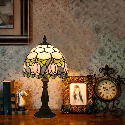 Tiffany Style Table Lamp, Pink Tulip Stained Glass Lamp, 8 Inch Small Antique Lamp, for Bedside Nightstand Bedroom Living Room Home Office, Include LED Bulb