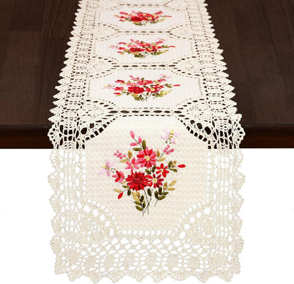 Grelucgo Handmade Crochet Table Runner with Floral Embroidery, Pink and Red (15 x 68 inches)