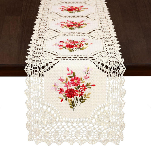 Grelucgo Handmade Crochet Table Runner with Floral Embroidery, Pink and Red (15 x 68 inches)