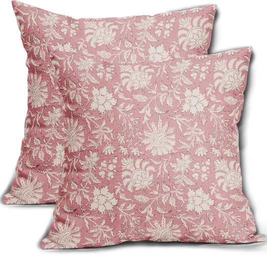 Sweetshow Light Pink Floral Pillow Covers 20x20 Set of 2 Cream Vintage Flower Block Print Pattern Decorative Throw Pillows Farmhouse Outdoor Rustic Square Cushion Cases Decor for Home Sofa Bed Couch