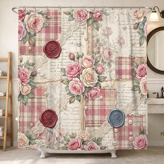 Rose Shower Curtain, Vintage Rustic Lace Plaid Spring Peach Washable with Hooks Bathtub Cloth Curtains for Home Bathroom Toile Hotel Decor 72x84 Inch