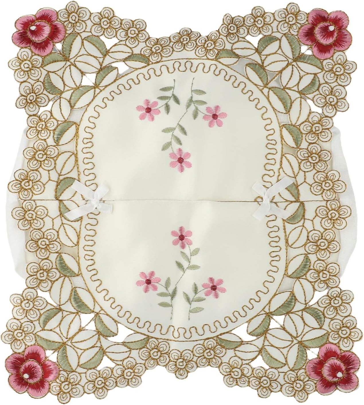 Elegant vintage lace tissue box cover featuring embroidered floral design, made from fabric to securely fit standard tissue boxes and beautify your room (Pink)