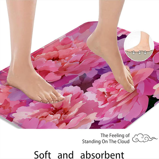Floral Quick Dry Bath Mat, Elegant Peach Peony Pattern Absorbent Non Slip Shower Mat, Spring Decorative Washable Bath Rugs for Bathroom Toilet Restroom 20x32 Inch