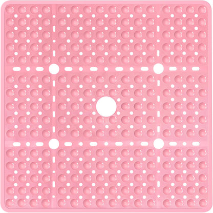 Large Square Shower Mat 27 x 27 Inch Pink, Non Slip Shower Bathtub Mats for Inside Shower with Big Suction Cups Drain Holes, Anti Slip Bathroom Floor Shower Stall Mats, Easy Clean, BPA-Free