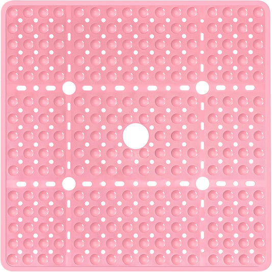 Large Square Shower Mat 27 x 27 Inch Pink, Non Slip Shower Bathtub Mats for Inside Shower with Big Suction Cups Drain Holes, Anti Slip Bathroom Floor Shower Stall Mats, Easy Clean, BPA-Free