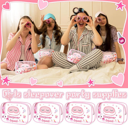 Aliceset 8 Pcs Sleepover Party Supplies Sleepover Squad Makeup Bags Slumber Birthday Party Favors Spa Squad Cosmetic Bag Spa Stuff Waterproof Toiletry Pouches Overnight Decorations(Pink)