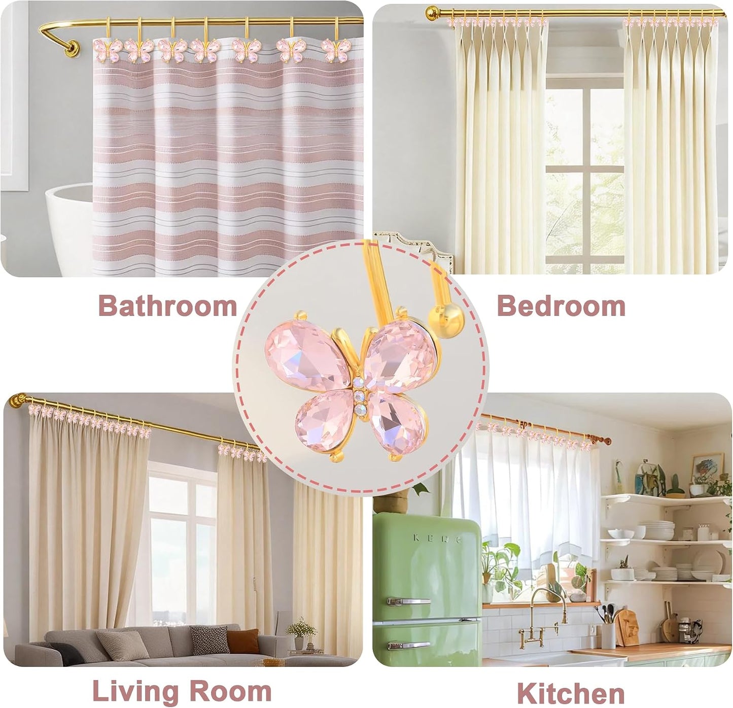 Shower Curtain Hooks,12Pcs Rust Resistant Glitter Crystal Butterfly Metal Decorative Shower Rings Hangers for Bathroom Curtains, Clothing, Towels (Pink)