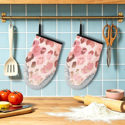 Oven Mitt 2 Pack Set Pink Gold Leopard Print Kitchen Mitts Gloves for for Cooking Baking Grilling