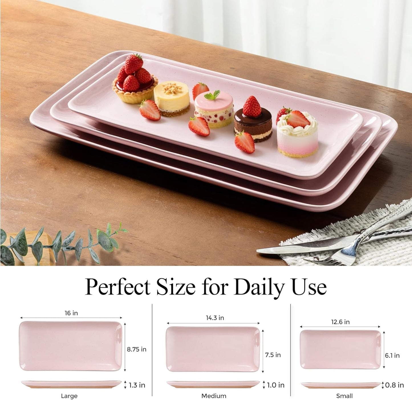 AmorArc Ceramic Serving Platter,Rectangular 16"/14.3"/12.6" inch Serving Dishes for Party Entertaining,Stoneware Serving Trays for Turkey,Salad,Microwave&Dishwasher Safe,Set of 3 -Cloud Pink
