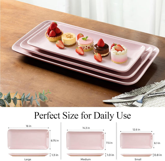 AmorArc Ceramic Serving Platter,Rectangular 16"/14.3"/12.6" inch Serving Dishes for Party Entertaining,Stoneware Serving Trays for Turkey,Salad,Microwave&Dishwasher Safe,Set of 3 -Cloud Pink