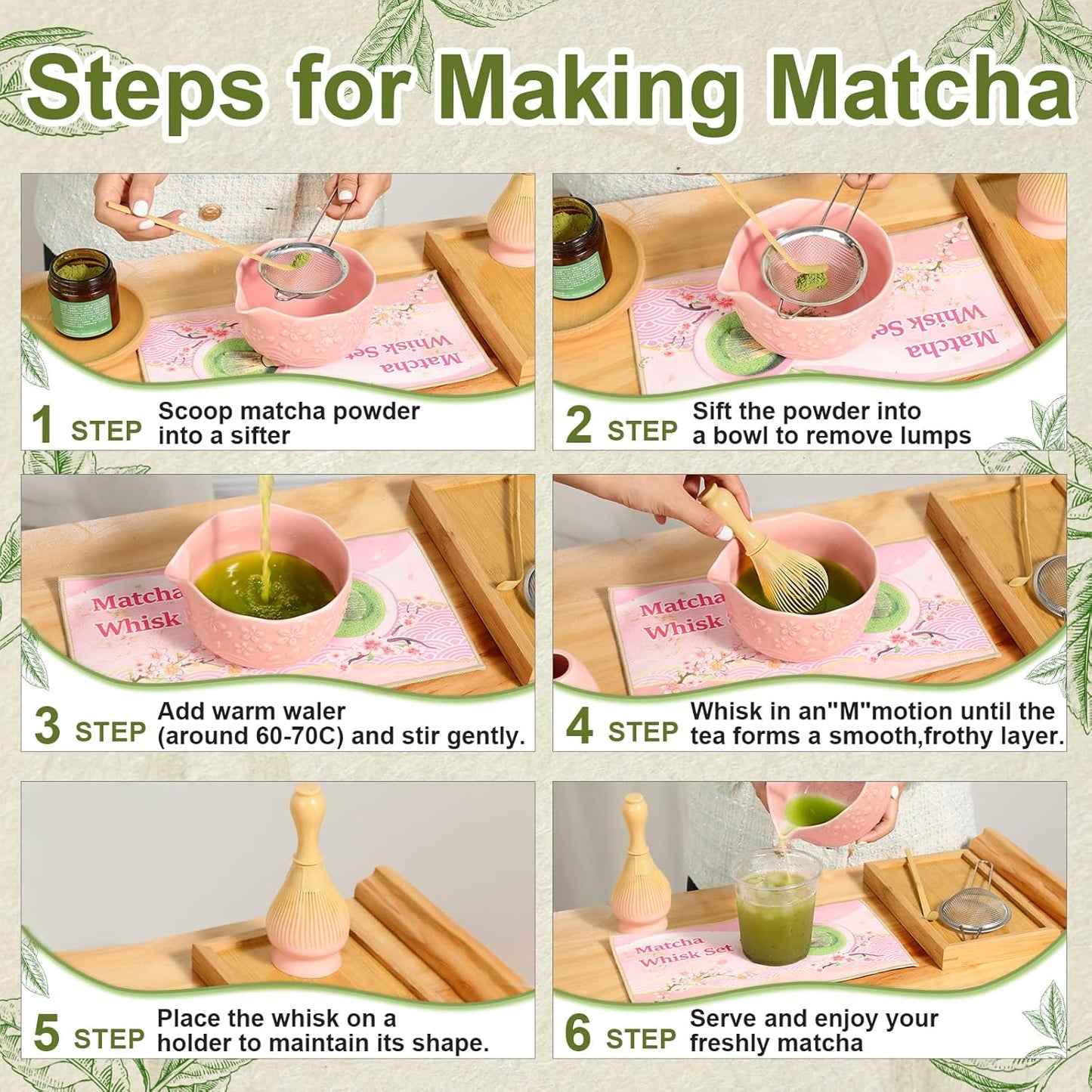 6pcs Matcha Whisk Set Includes Resin Matcha Whisk,Ceramic Matcha Bowl Set and Sifter,Matcha Whisks Holder,Natural Bamboo Spoon and Tea Towel for Matcha Starter Kit Lovers (Pink)