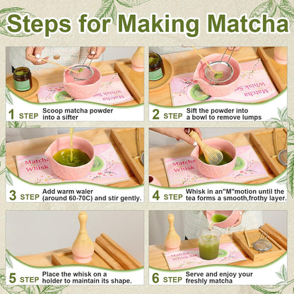 6pcs Matcha Whisk Set Includes Resin Matcha Whisk,Ceramic Matcha Bowl Set and Sifter,Matcha Whisks Holder,Natural Bamboo Spoon and Tea Towel for Matcha Starter Kit Lovers (Pink)