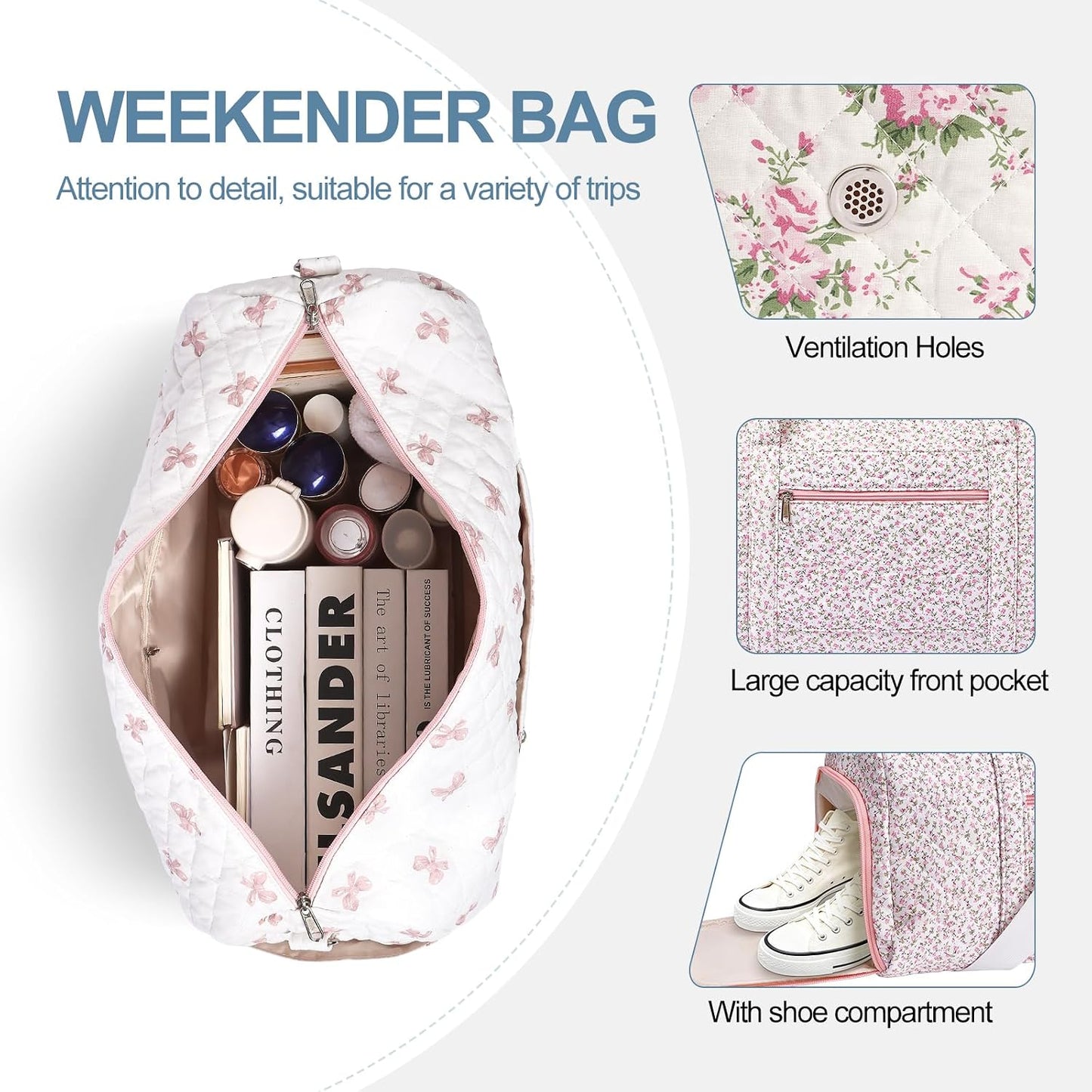 Gym Bag for Women, Cute Duffle Bag, Quilted Duffle Bag for Travel, Floral Duffle Bags, Weekend Bag with Zipper Pocket Dance Bag Organizer