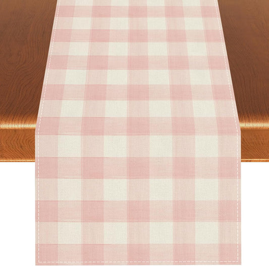 Watercolor Pink White Buffalo Check Plaid Table Runner Gingham Tablecloth Farmhouse Spring Summer Easter Home Kitchen Table Decorations-13×72''(Pink and White)