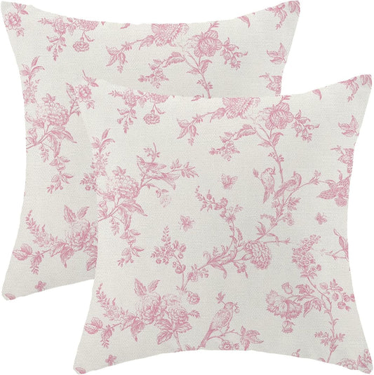 Pink Pillow Covers 18x18 Set of 2 Pink Bird Floral Chinoiserie Throw Pillows Vintage Toile Spring Summer Floral Pillowcases Linen Outdoor Decor Cushion Cover for Sofa Couch