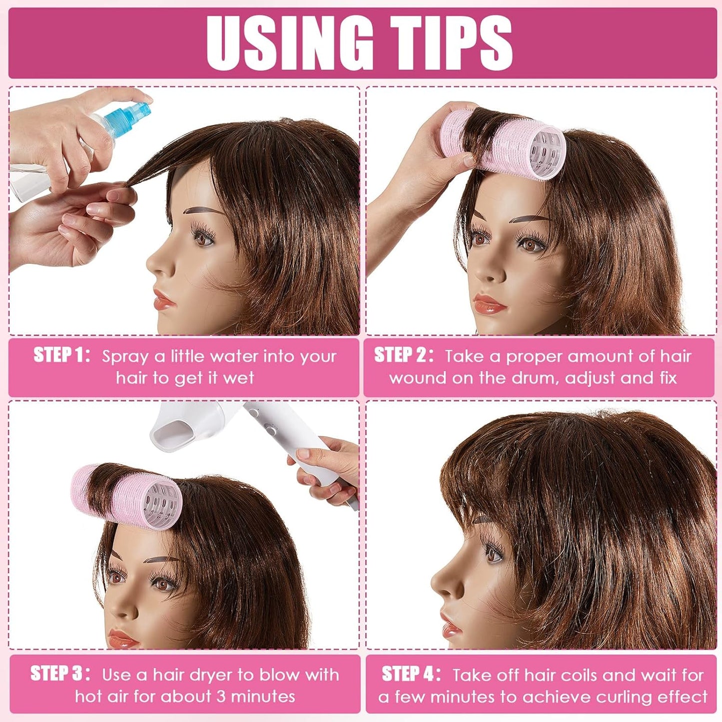 WILLBOND 4 Pcs Long Hair Rollers for Bangs Aluminum Core Curlers Thermal Self Grip Roller for Long and Medium Hair Women Hairstyle(4.7 x 2 Inch,Light Pink)