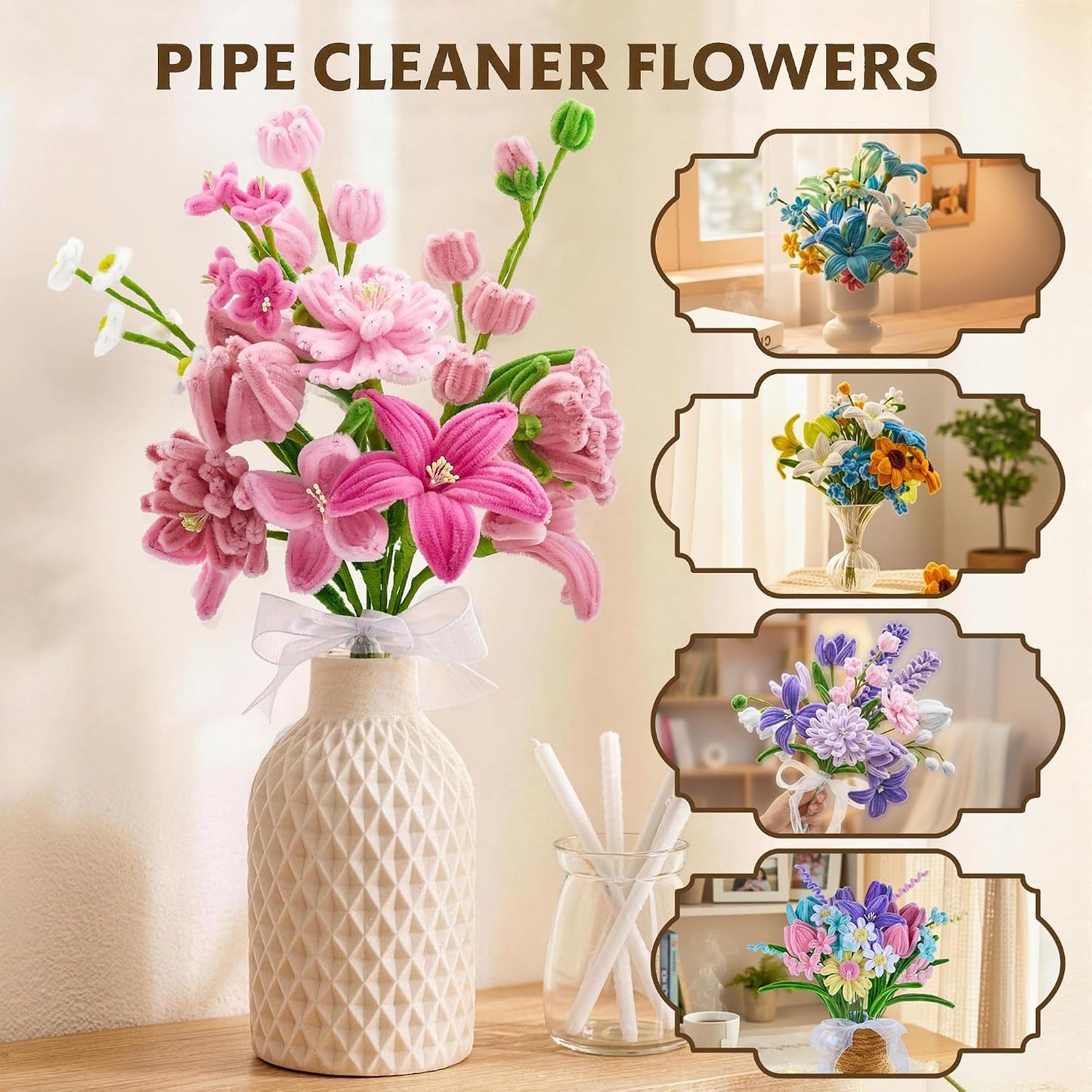 LENYNAL 500 Pcs Pastel Pipe Cleaners Bulk Craft, Pink Pipe Cleaner Flower Kit, Glue-Free & Safe for Kids, Step-by-Step Tutorial, 6 Colors Chenille Stems for Flower Making
