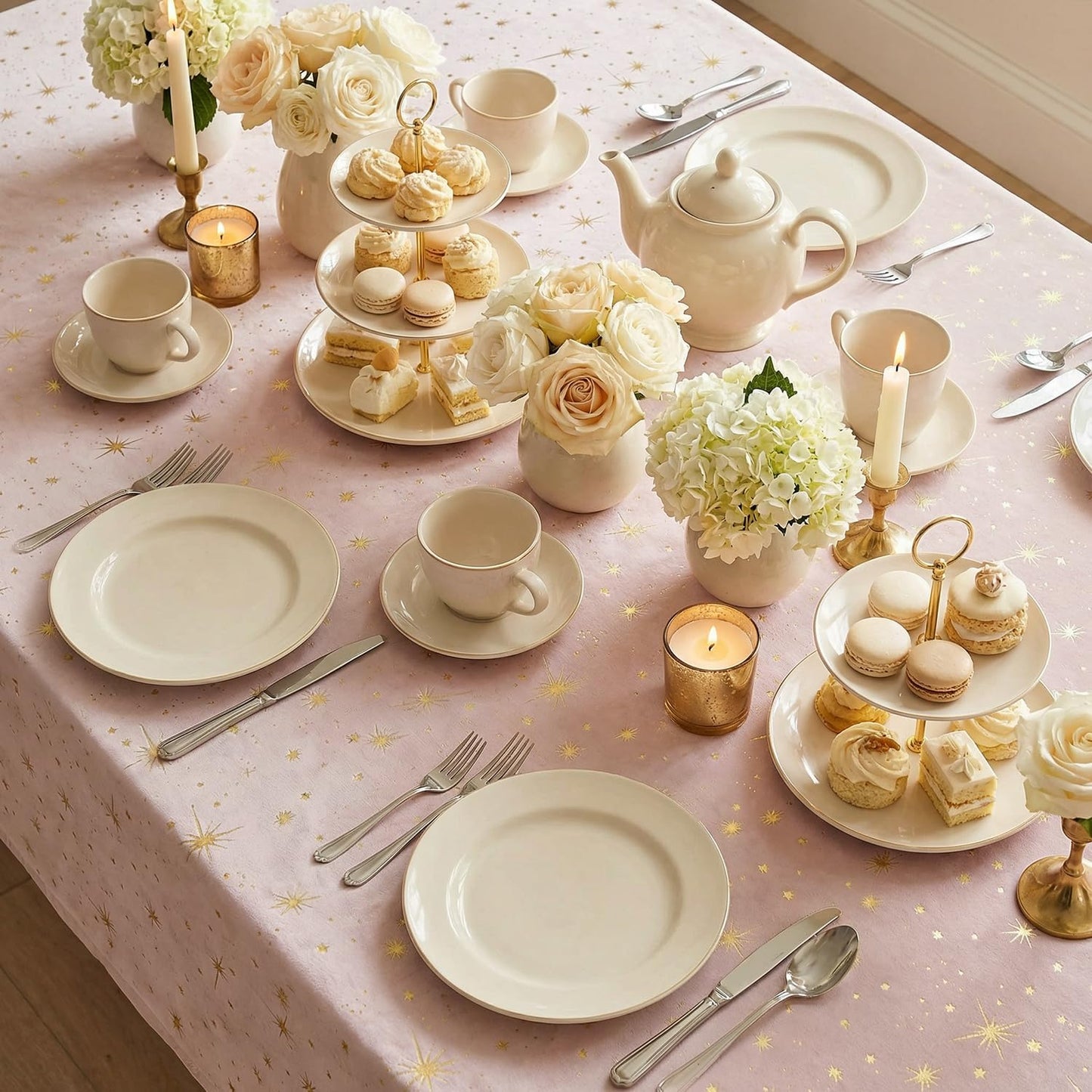 Horaldaily Pink Tablecloth 60×84 Inch Rectangular, Solid Rectangle Table Cloth with Golden Star Sequin, Spring Summer Table Cover for Wedding, Party, Banquet, and Events