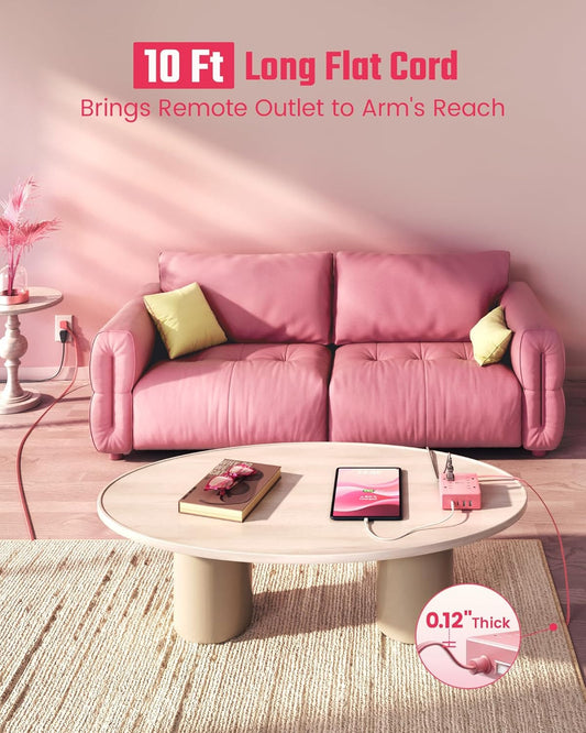 Pink Extension Cord 10Ft, Flat Plug Surge Protector Power Strip, 8 Outlets & 4 USB Ports (2 USB C), Cute Stuff Pink Room Decor, Home Office Kawaii Desk Accessories for Girls