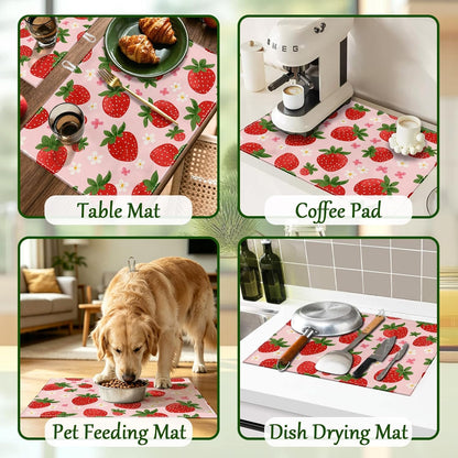 Pink Cute Strawberry Flowers Dish Drying Mat for Kitchen Counter Floral Absorbent Microfiber Dish Drainer Mats Reusable Washable Dishes Draining Rack Pad 18x24 Inch