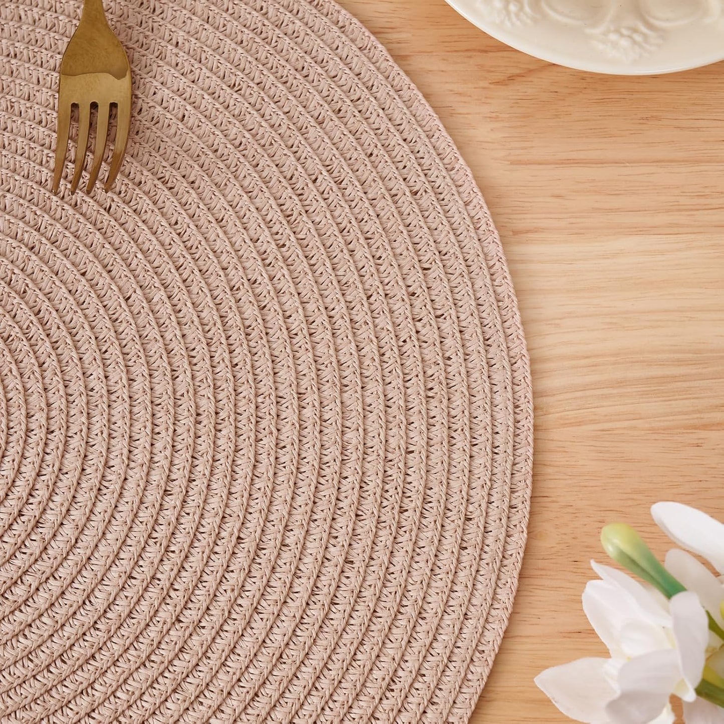 15 Inch Round Braided Woven Placemats Set of 6 Heat Resistant Non-Slip Circle Paper Table Mats for Kitchen Dining Tables (Pink)