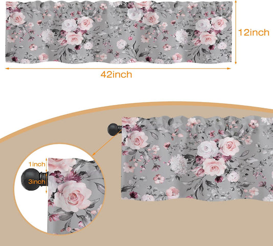 Curtain Valances, Pink Roses Flowers Semi Sheer Curtain Valances, Rod Pocket Short Window Treatment Light Filtering Decor Valances for Kitchen Living Room Bedroom Windows - 42"x12"