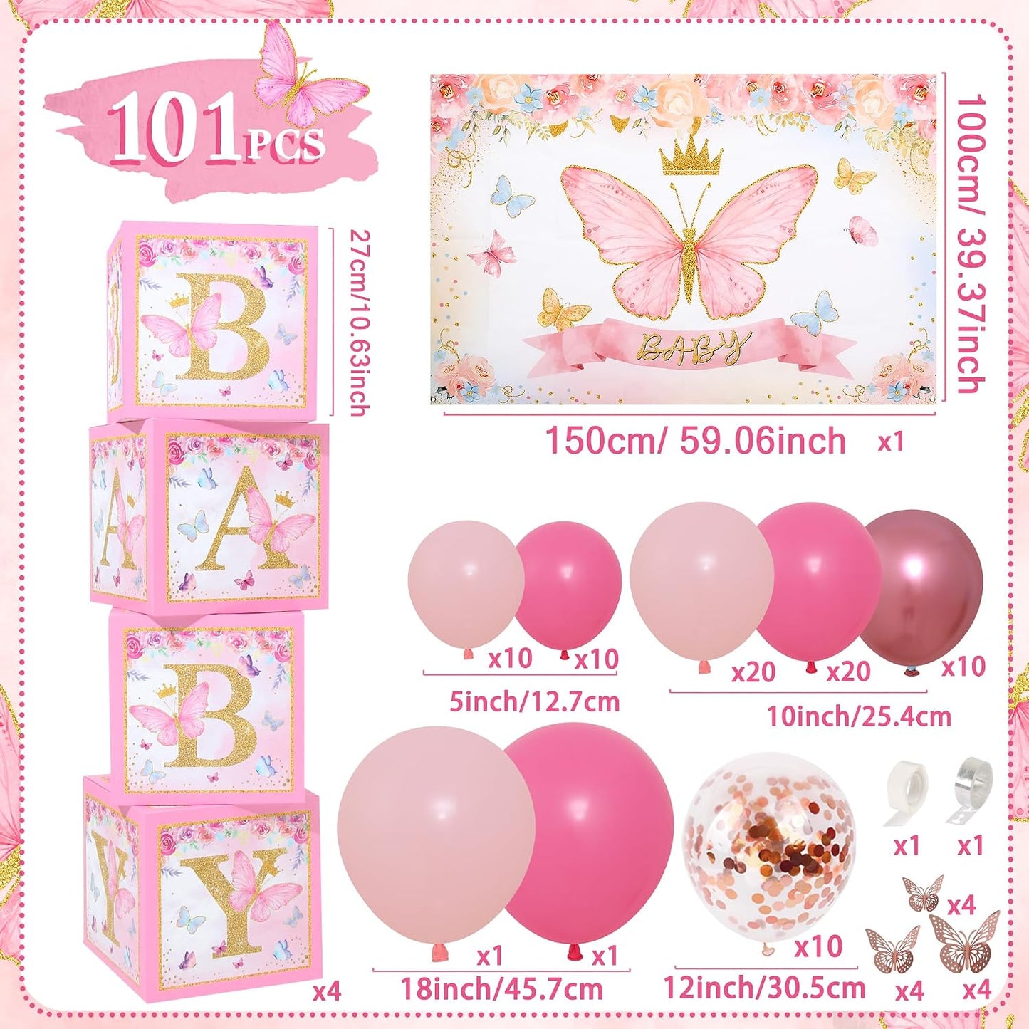 Pink Butterfly Baby Shower Decorations for Girl Pink Balloon Arch Kit Baby Boxes and Backdrop Kit for Baby Shower Decorations Butterfly Theme Birthday Party Decor