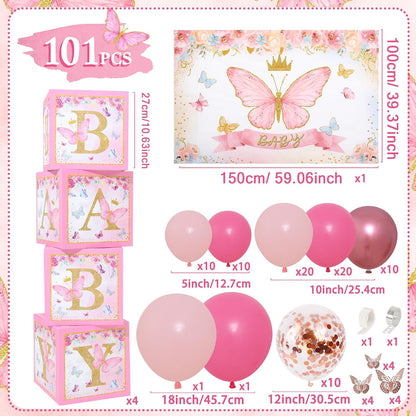 Pink Butterfly Baby Shower Decorations for Girl Pink Balloon Arch Kit Baby Boxes and Backdrop Kit for Baby Shower Decorations Butterfly Theme Birthday Party Decor