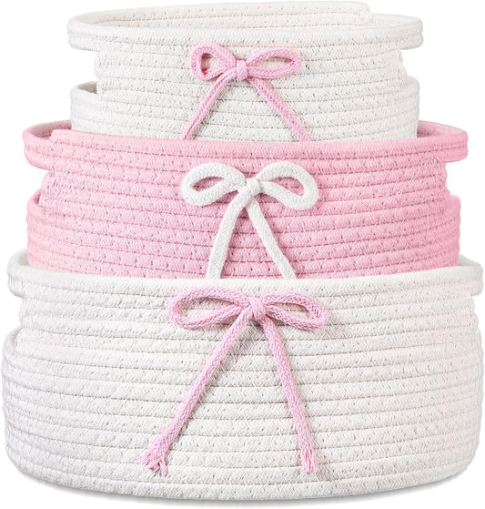 Breling 3 Pieces Pink Bow Baskets Coquette Bow Cotton Rope Storage Basket Pink Woven Gift Baskets Laundry Hamper Rope Bin with Handles for Decoration Organization Storage for Nursery, Pet Toy Basket