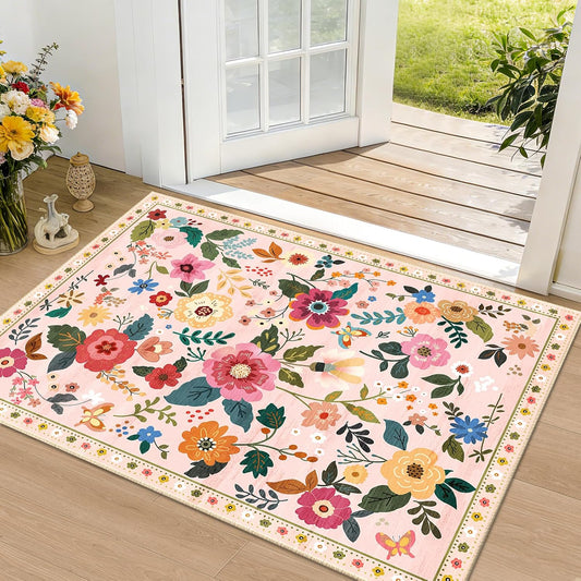 RELEANY Floral Nursery 2x3 Area Rugs Washable Print Boho Cute Carpet Non Slip Flower Low Pile for Living Room Kids Girls Playroom Bedroom Kitchen Office Farmhouse-Pink