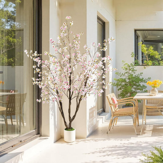 Caxchiling 6FT Cherry Bloosom Tree for Indoor Outdoor, Artificial Pink Tree with White Pot and Moss Topper, Faux Large Floor Plants for Home Office Living Room Bedroom Doorway Hallway Decor