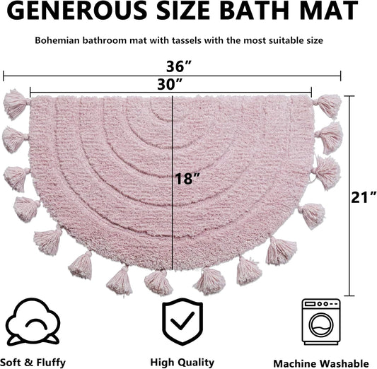 Boho Bathroom Rugs Vintage Half Circle Bath Mat with Tassels Crochet Insert, Handwoven Non-Slip Backing Cute Bath Mats for Bathroom Floor Tub, Boho Decor, Washable, Pink, 20"x32"