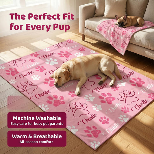 Custom Dog Blankets with Pet Name Personalized Pink Paw Dog Blanket, Customized Dog Blanket for Medium Puppy Small Large Dogs, Washable All-Season Air-conditioned Rooms Blankets Dog Gifts 30" x 40"