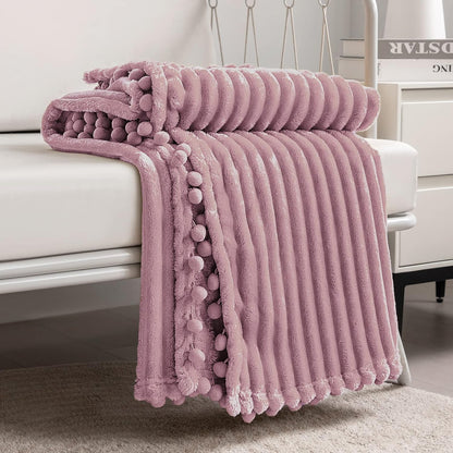 DISSA Fleece Blanket Twin Size – 60x80, Pink - Soft, Plush, Fluffy, Fuzzy, Warm, Cozy – Perfect Throw for Couch, Bed, Sofa - with Pompom Fringe - Flannel Blanket