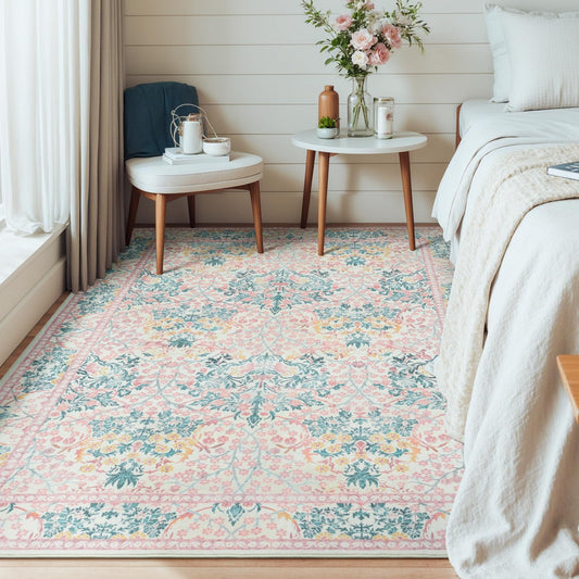 Lessymo Bedroom Rug 5x7 Area Rug for Living Room, Vintage Washable Floral Floor Mat Pink Rugs for Girls, Low Plie Non Skid Indoor Boho Forest Rugs for Nursery Dining Room, Pink Green
