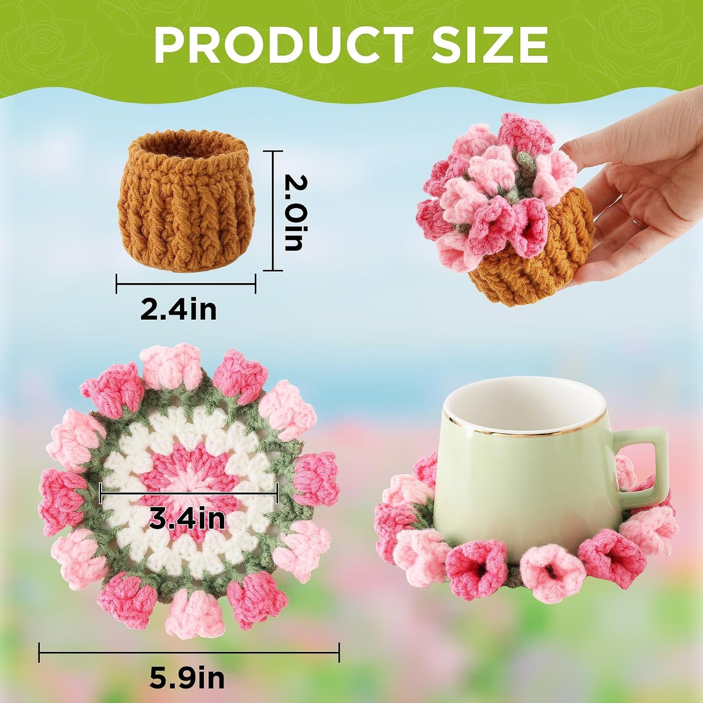 Flower Crochet Coasters, Handmade Bouquet Blanket Coaster with Crochet Plant Pot Fun Soft Decorative Drink Coasters for Coffee Tabletop Protection and Home Decor (Pink, 1Pc)