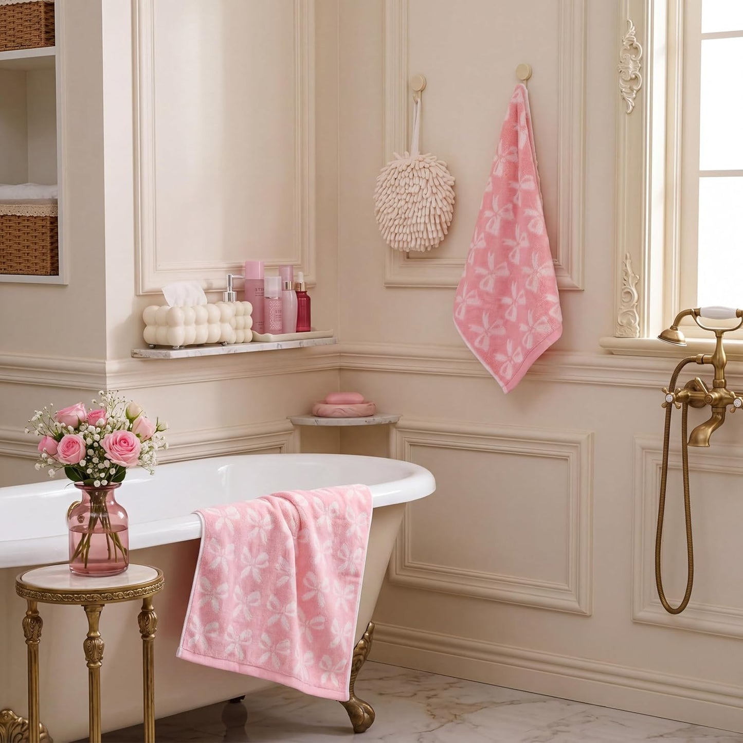 Mindsoft 2 Pcs Pink Bow Hand Towels 100% Cotton 13 x 29 Inch Soft Decorative Bathroom Towels Absorbent for Gym Spa Guest Room
