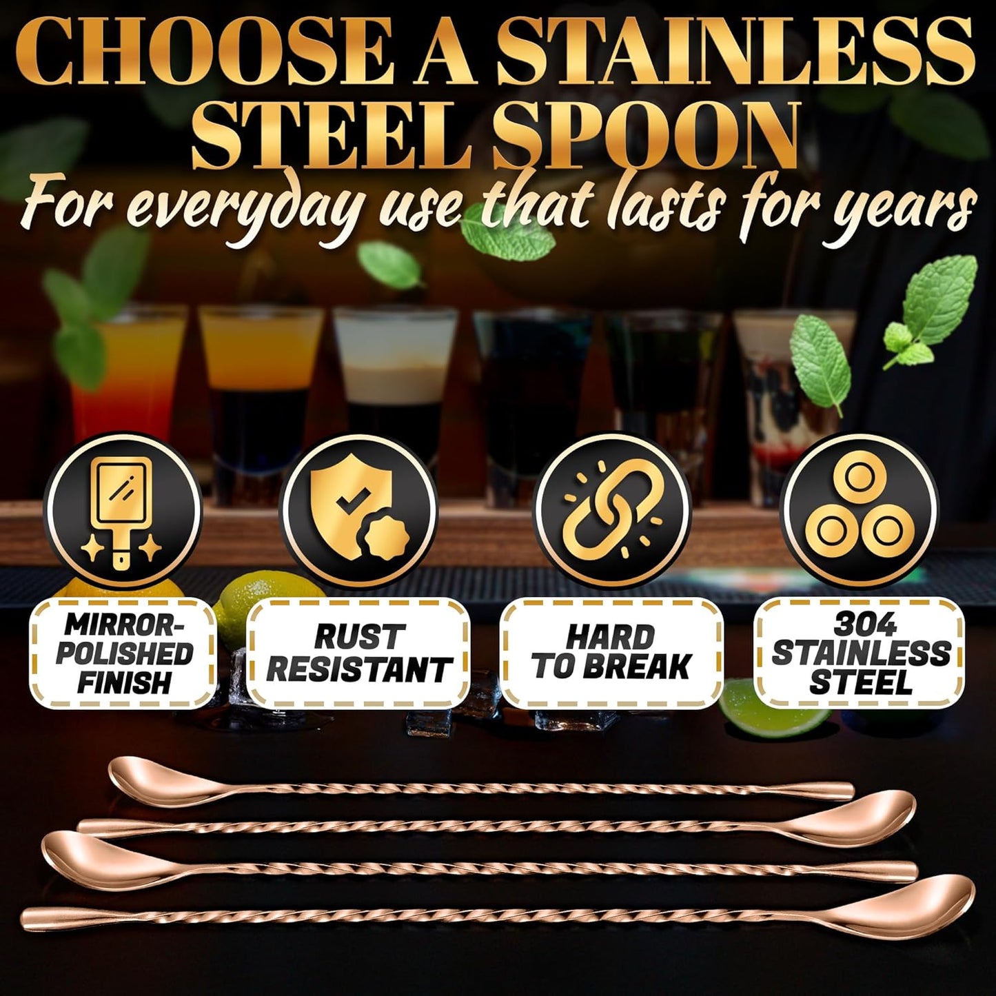 4 Pcs Rose Gold Bar Spoons Cocktail Mixing Spoon Set – Stylish Stainless Steel Stirring Spoons with Elegant Twisted Spiral Handle – Ideal for Cocktails, Iced Tea, Coffee, and Iced Latte | Sugar Spoon
